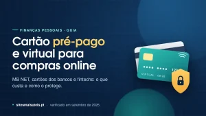 Cartão pré-pago e cartão virtual para compras online: MB NET, bancos e fintechs comparados 2 Ilustração de dois cartões (um físico e um virtual) com um escudo de segurança, com o título "Cartão pré-pago e virtual para compras online" — guia sobre MB NET, cartões dos bancos e fintechs